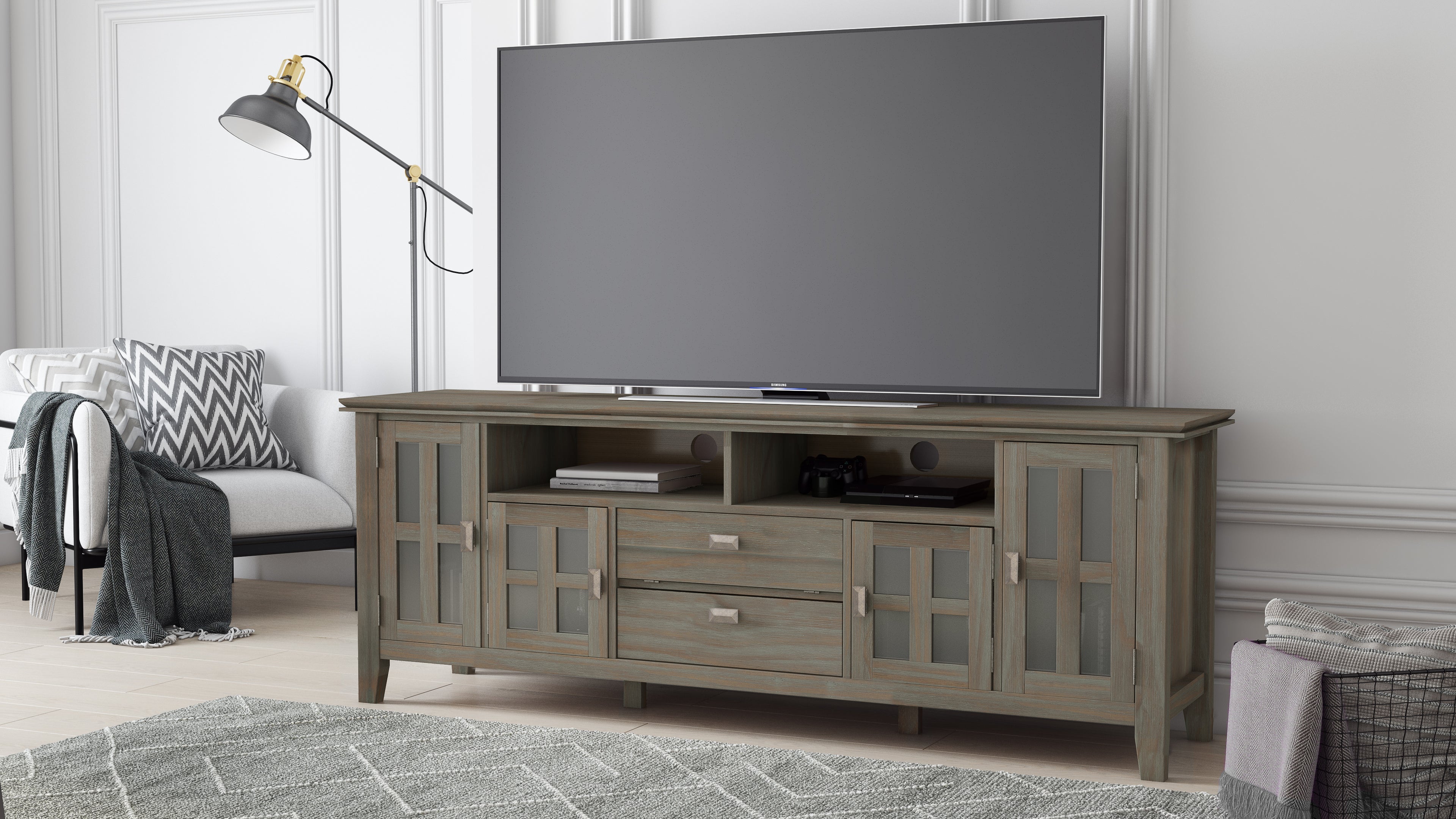 Artisan 72 Inch Wide Solid Wood TV Stand in Distressed