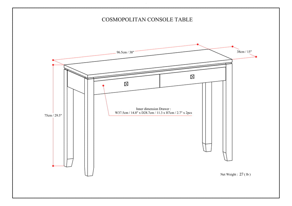 Cosmopolitan 38 Inch Wide Solid Wood Console Sofa Table in Mahogany