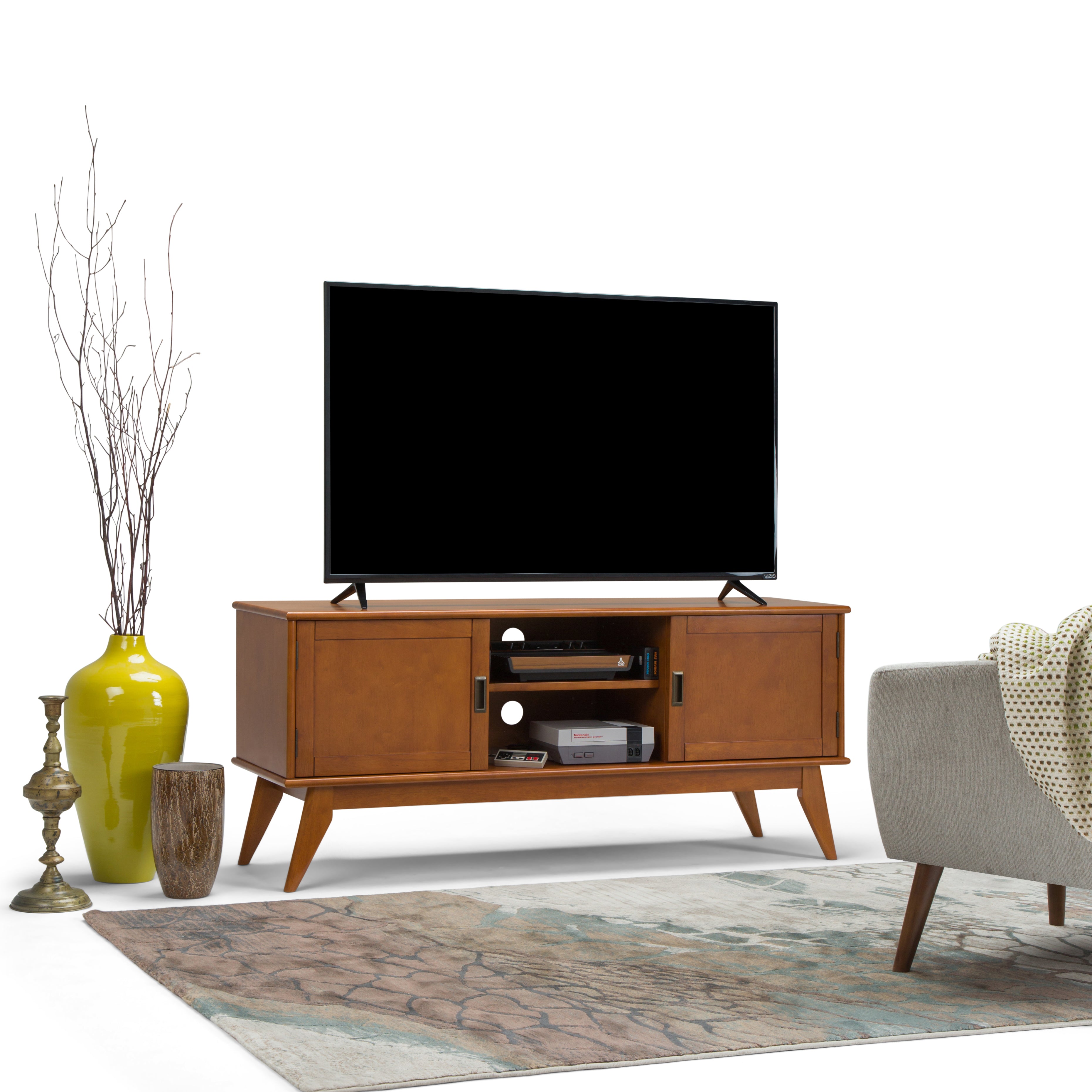 Draper 60 Inch Wide Solid Wood Mid Century Low TV Stand in Teak