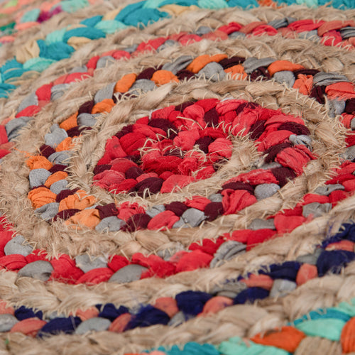 Margo 20 Inch Wide Round Pouf in Multi-Color Handwoven Jute and Cotton