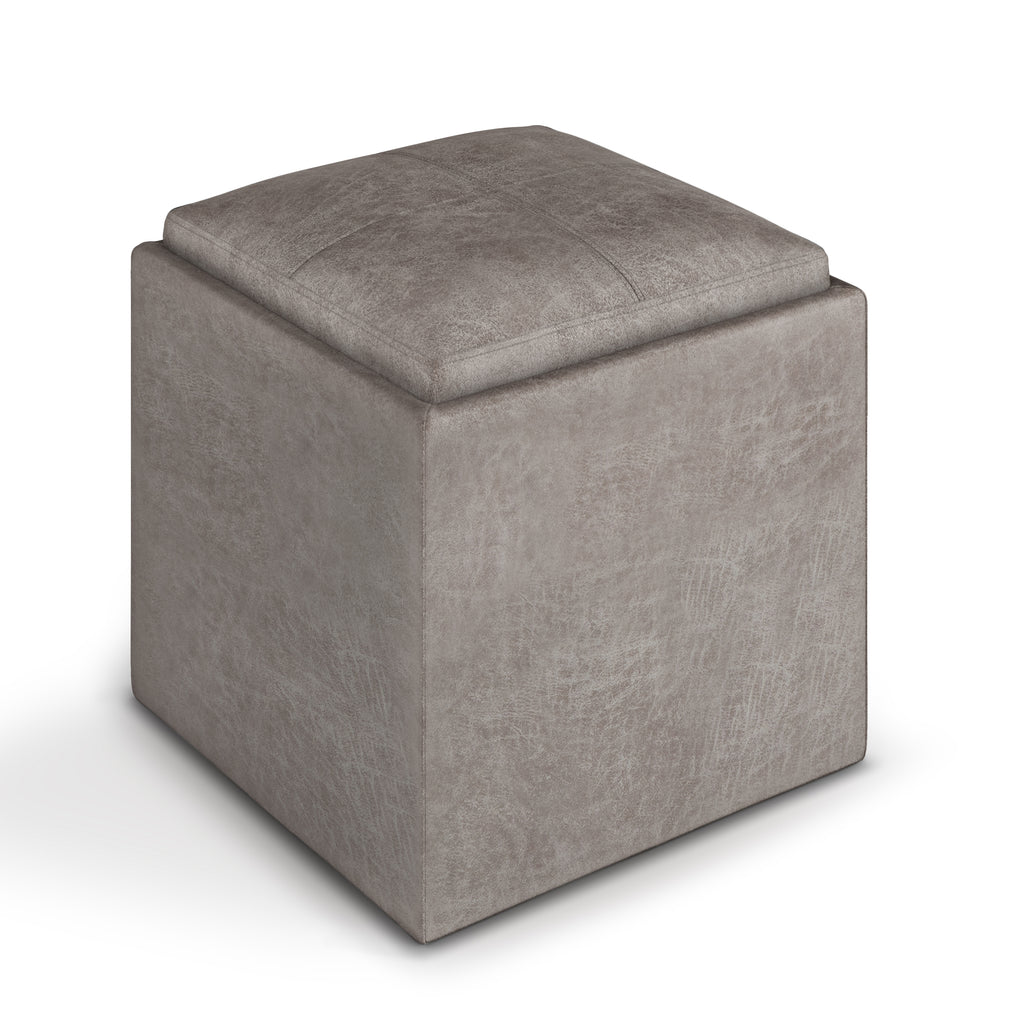 Rockwood 17 Inch Wide Cube Storage Ottoman with Tray in Distressed