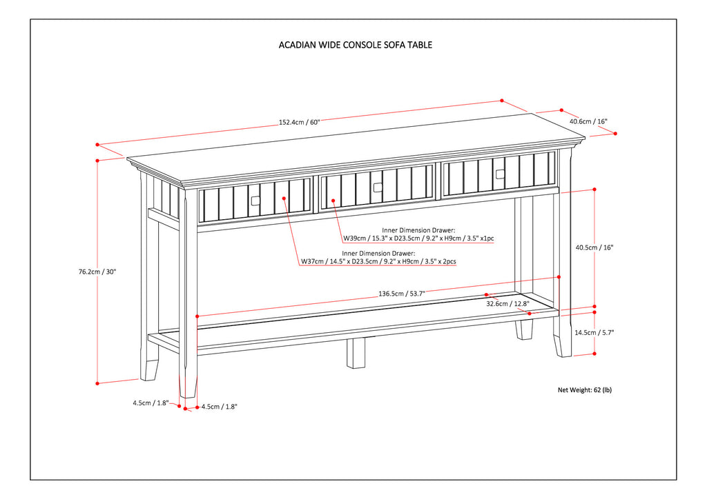 Acadian 60 Inch Wide Solid Wood Console Sofa Table