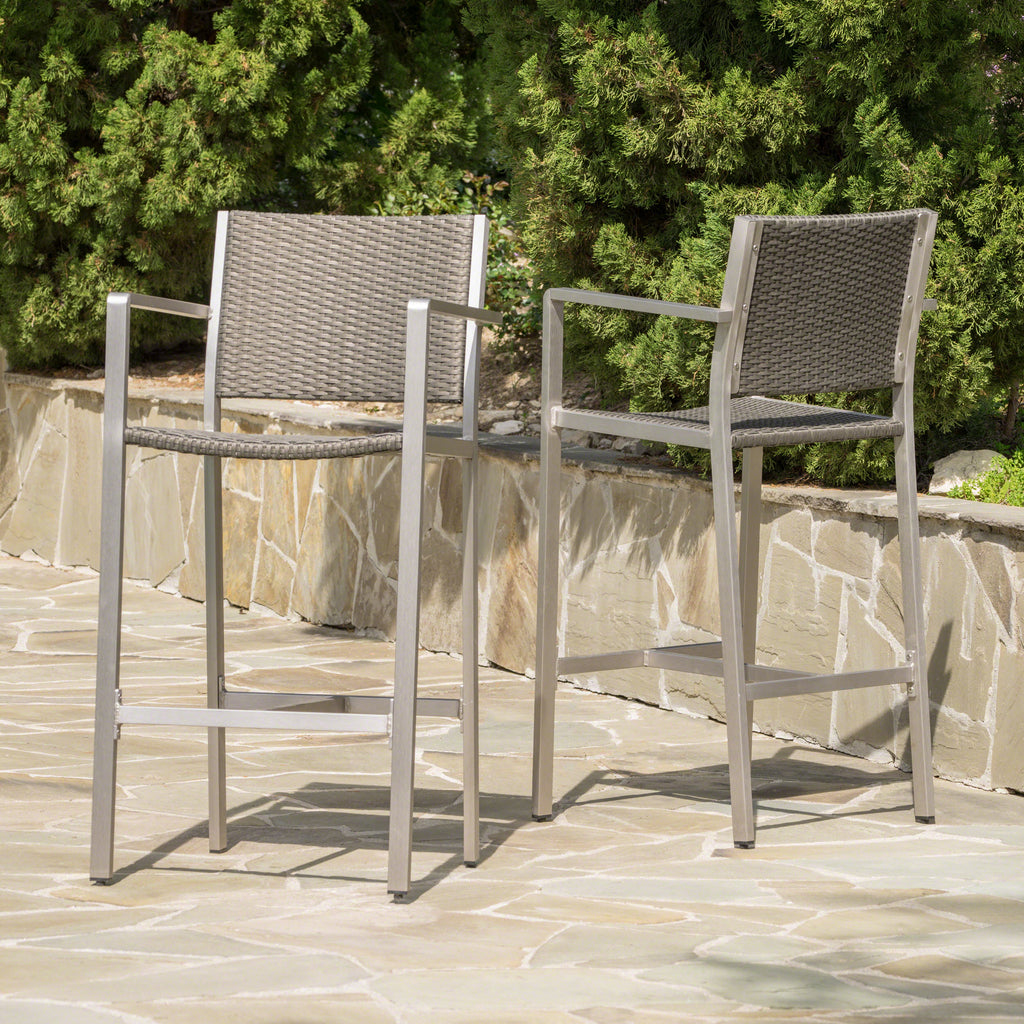 Outdoor Rust-Proof Aluminum Barstools with PE Rattan Seat - Set of 2