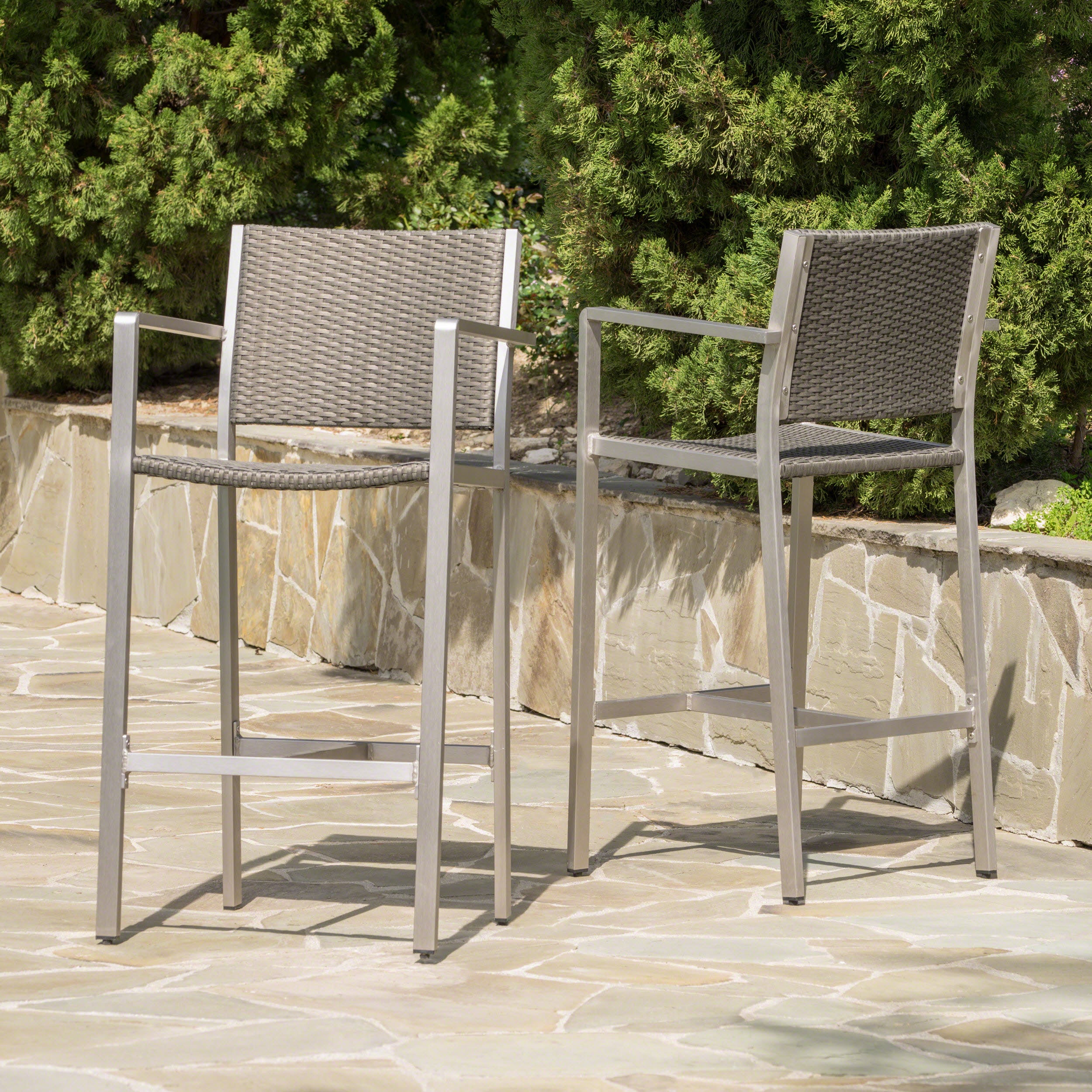 Outdoor Rust-Proof Aluminum Barstools with PE Rattan Seat - Set of 2