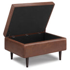 Shay 34 Inch Wide Mid-Century Small Coffee Table Storage Ottoman in Distressed Saddle
