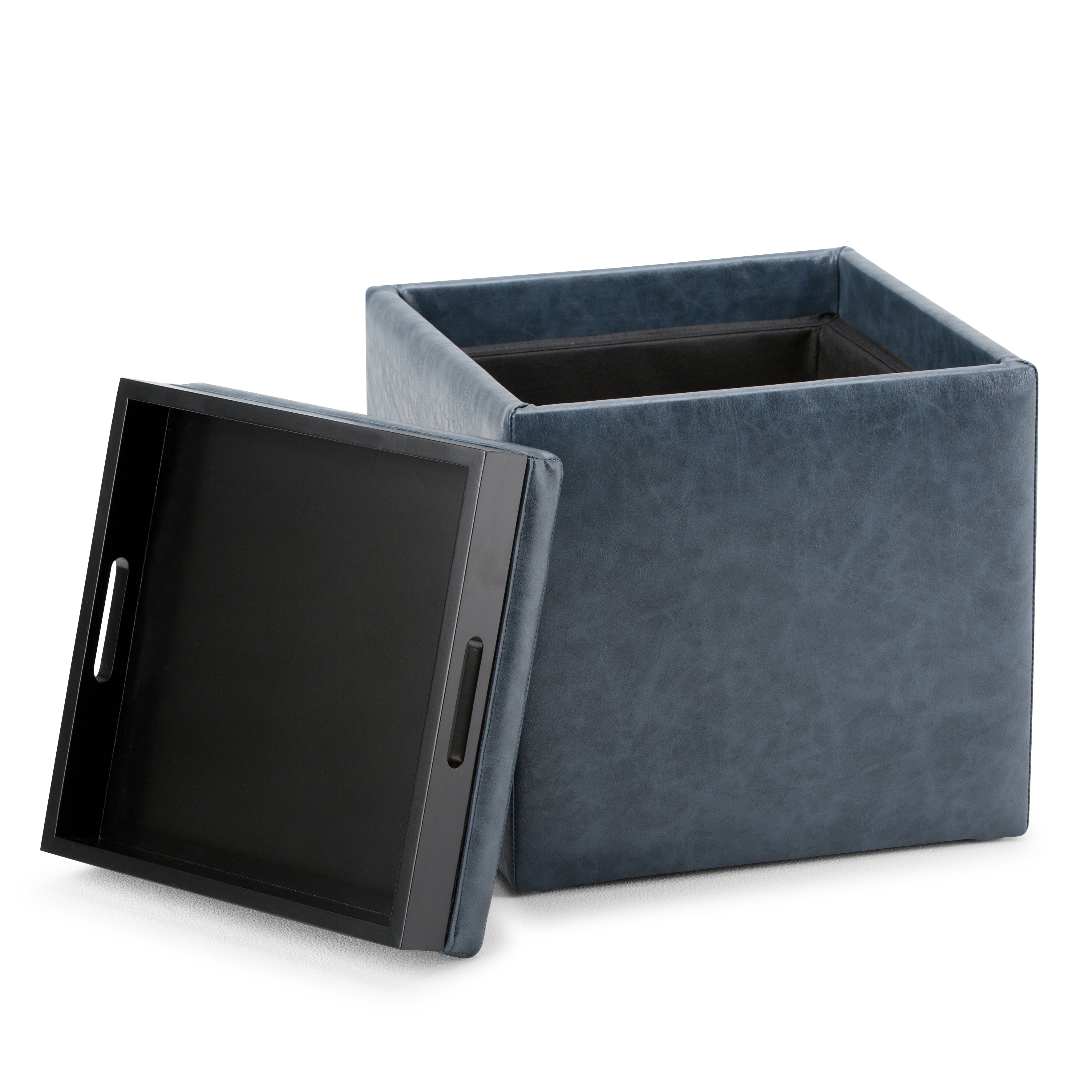 Rockwood 17 Inch Wide Cube Storage Ottoman with Tray in Denim