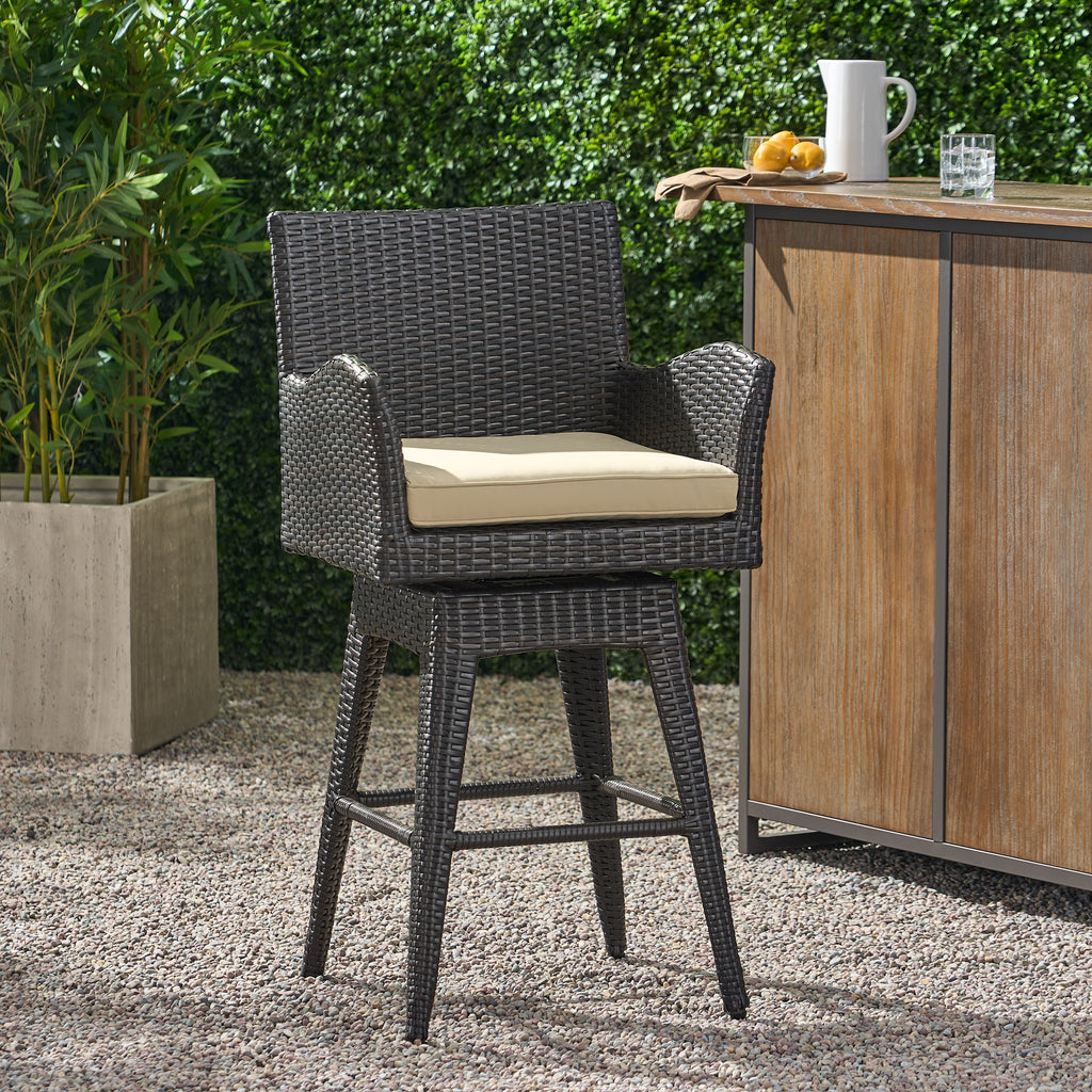 Modern Outdoor Multi-Brown Wicker Swivel Barstool with Tapered Legs