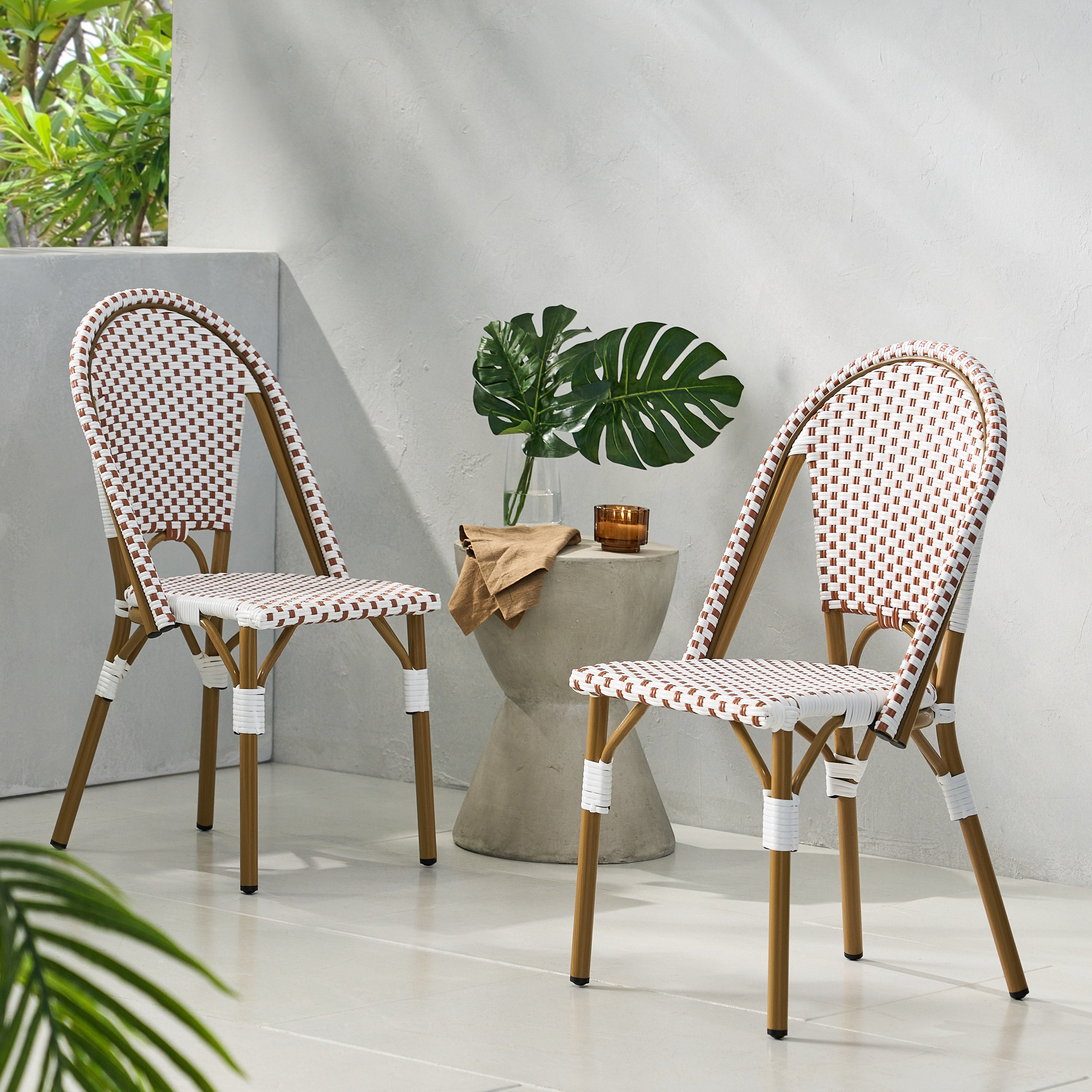 Outdoor PE Rattan and Aluminum French Bistro Chairs, Set of 2