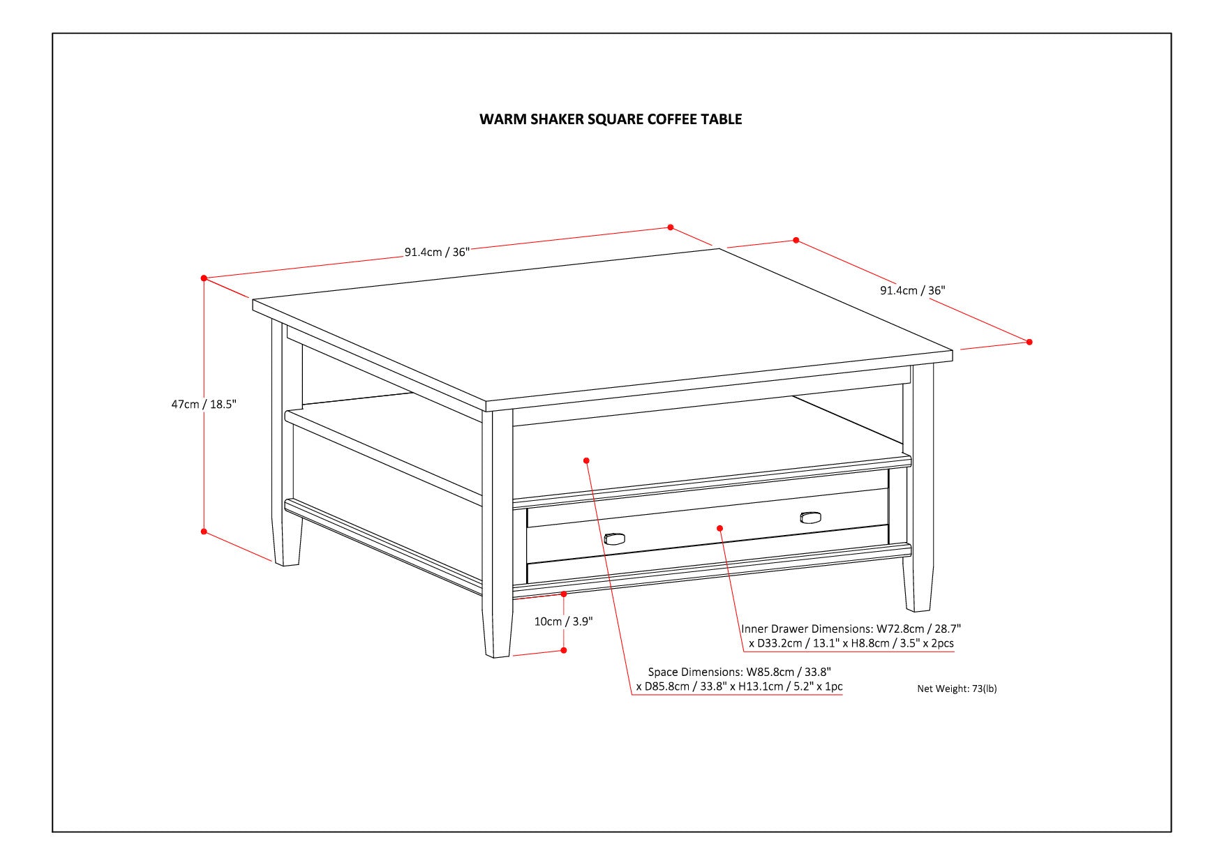Warm Shaker 36 Inch Wide Solid Wood Square Coffee Table