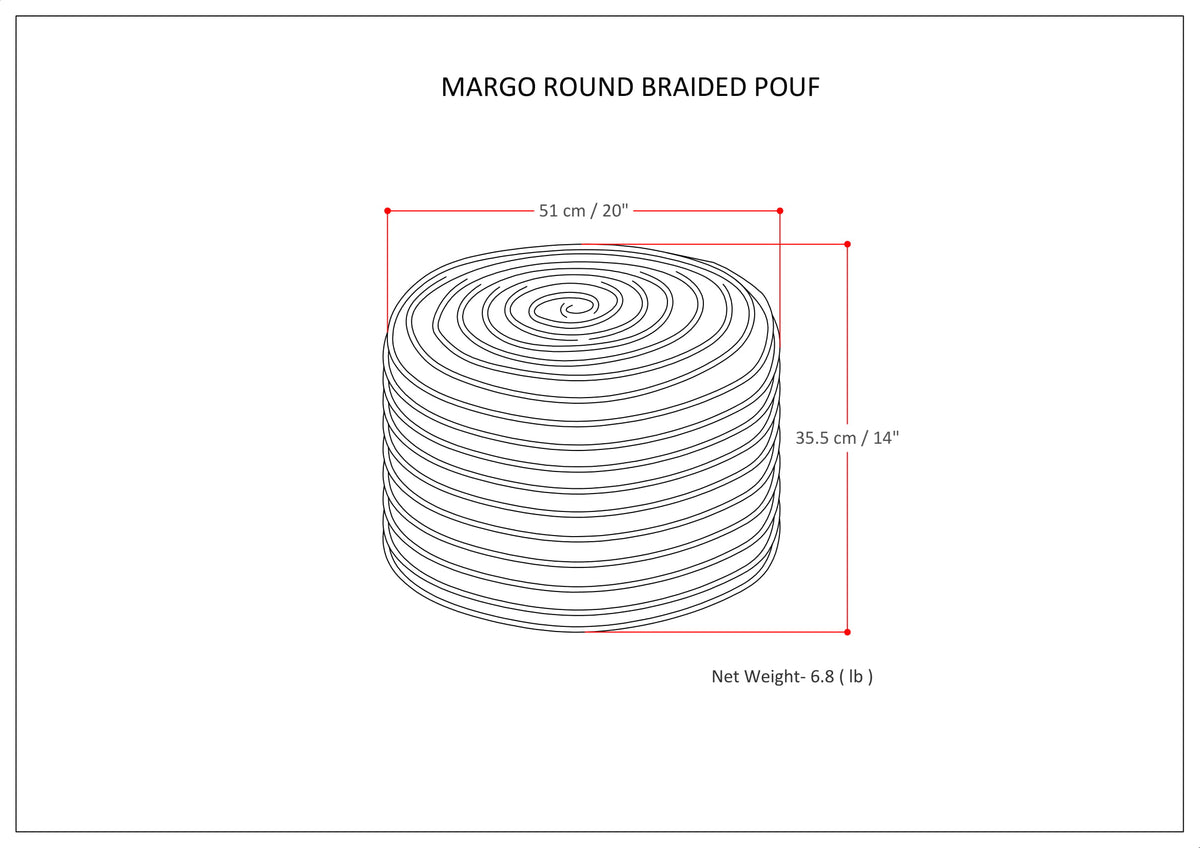 Margo 20 Inch Wide Round Pouf in Multi-Blue Handwoven Jute and Cotton