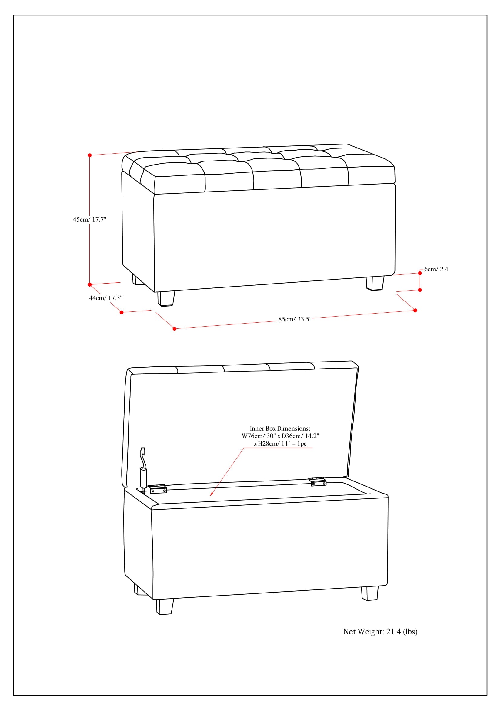 Cosmopolitan 34 Inch Wide Storage Ottoman in Denim