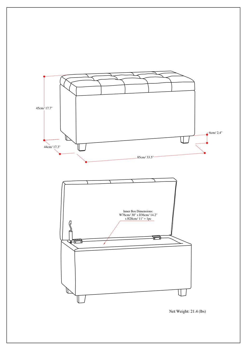 Cosmopolitan 34 Inch Wide Storage Ottoman in Distressed