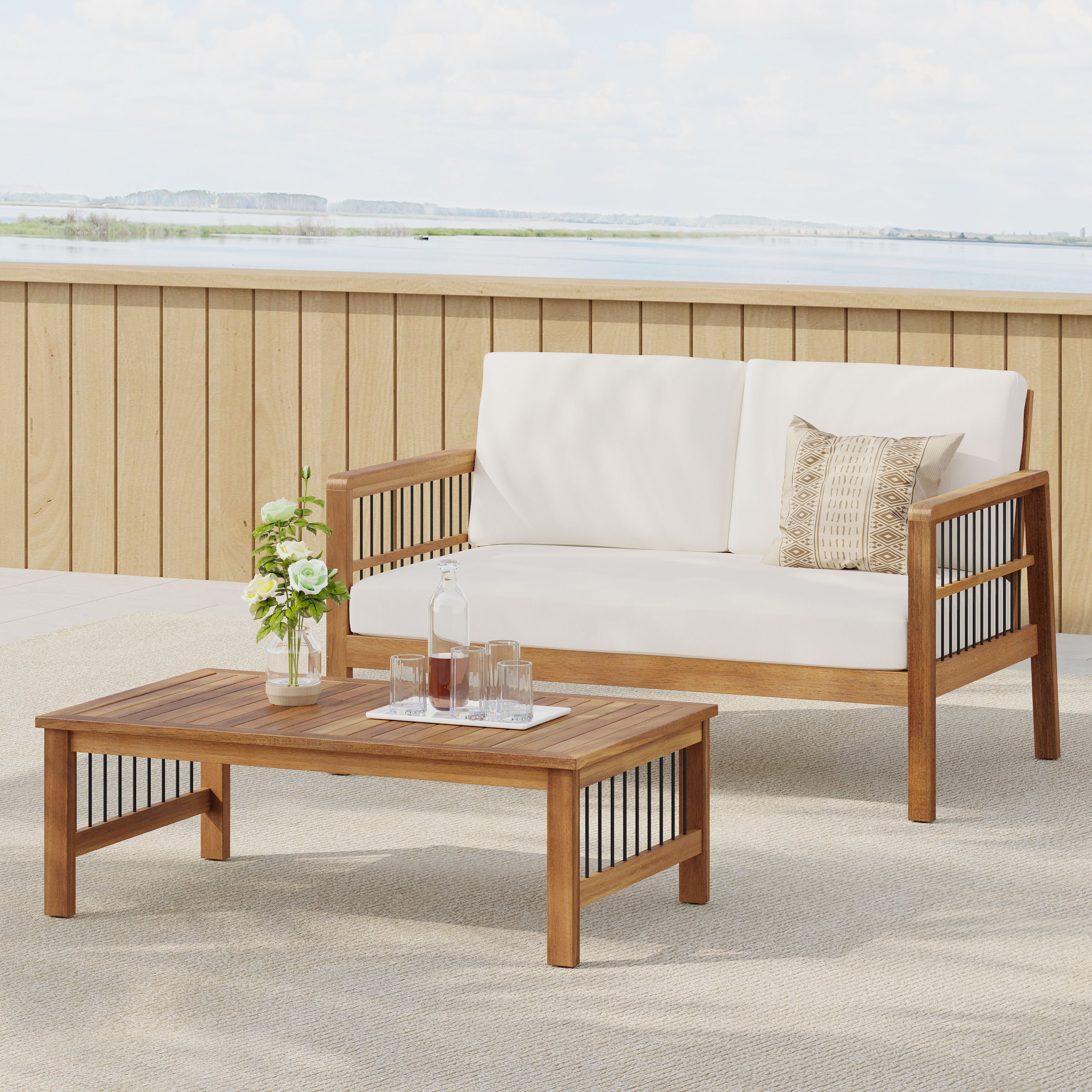 Outdoor Acacia Wood and Iron Loveseat and Coffee Table Set