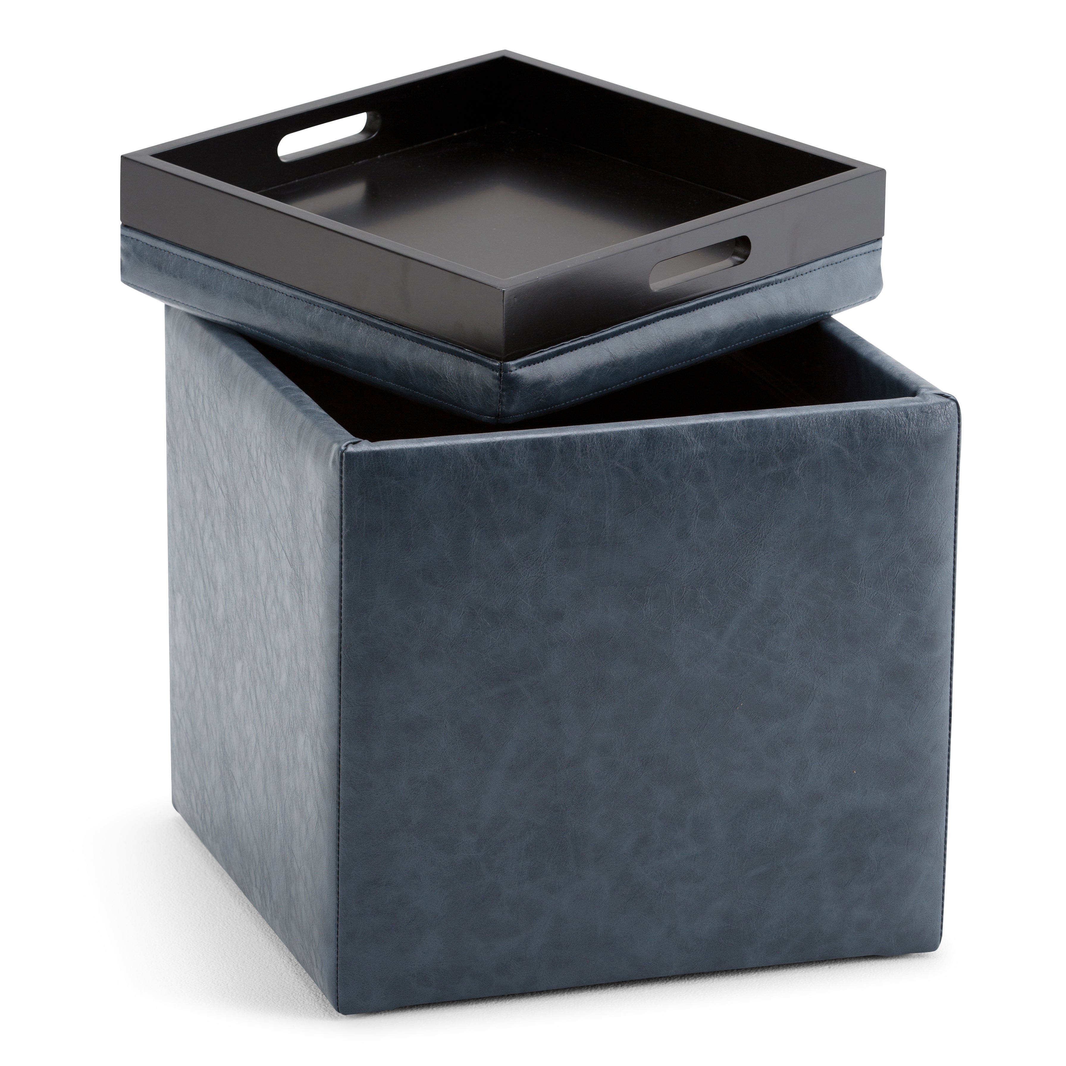 Rockwood 17 Inch Wide Cube Storage Ottoman with Tray in Denim