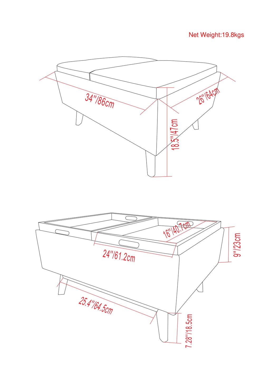 Owen 34 Inch Wide Tray Top Small Coffee Table Storage Ottoman