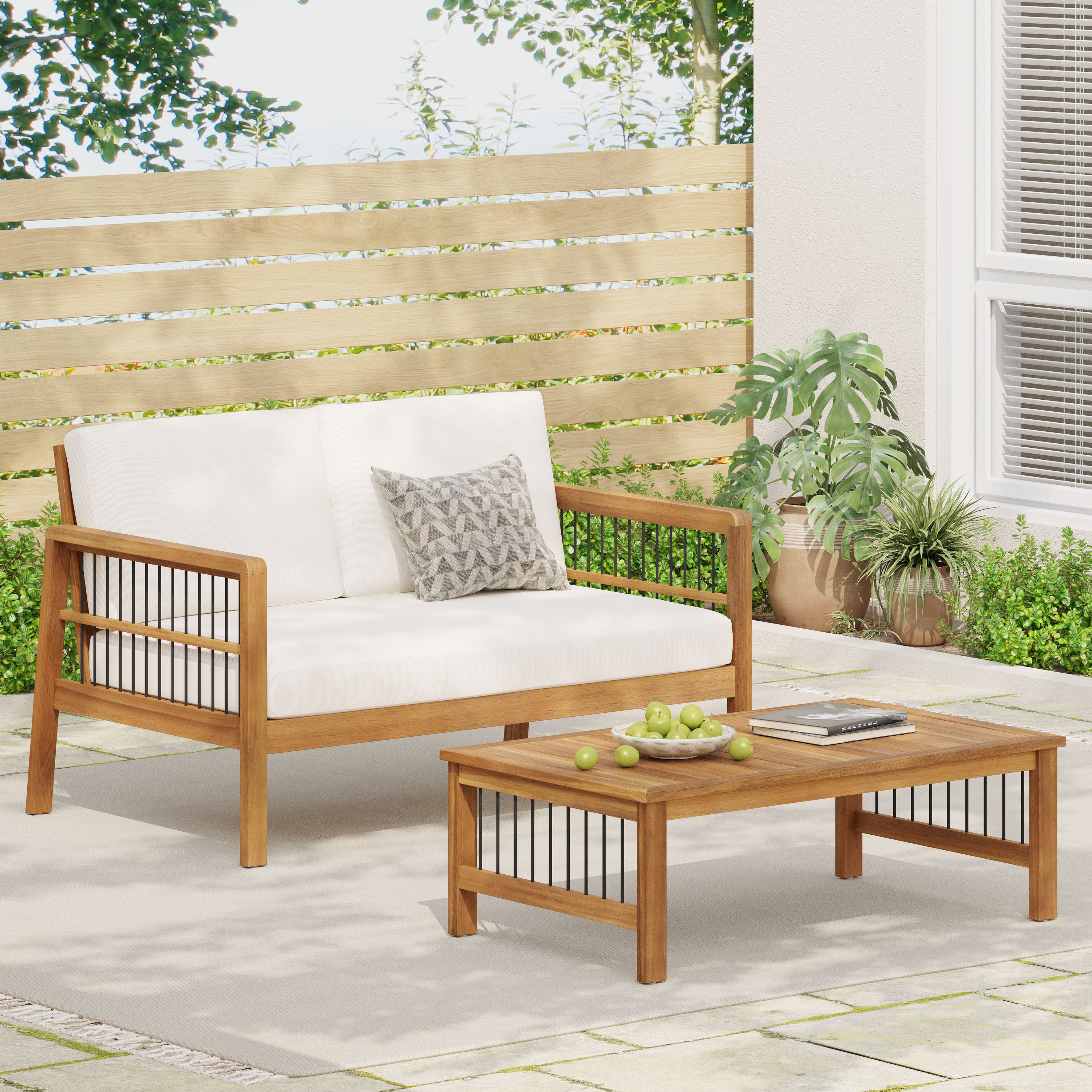 Outdoor Acacia Wood and Iron Loveseat and Coffee Table Set