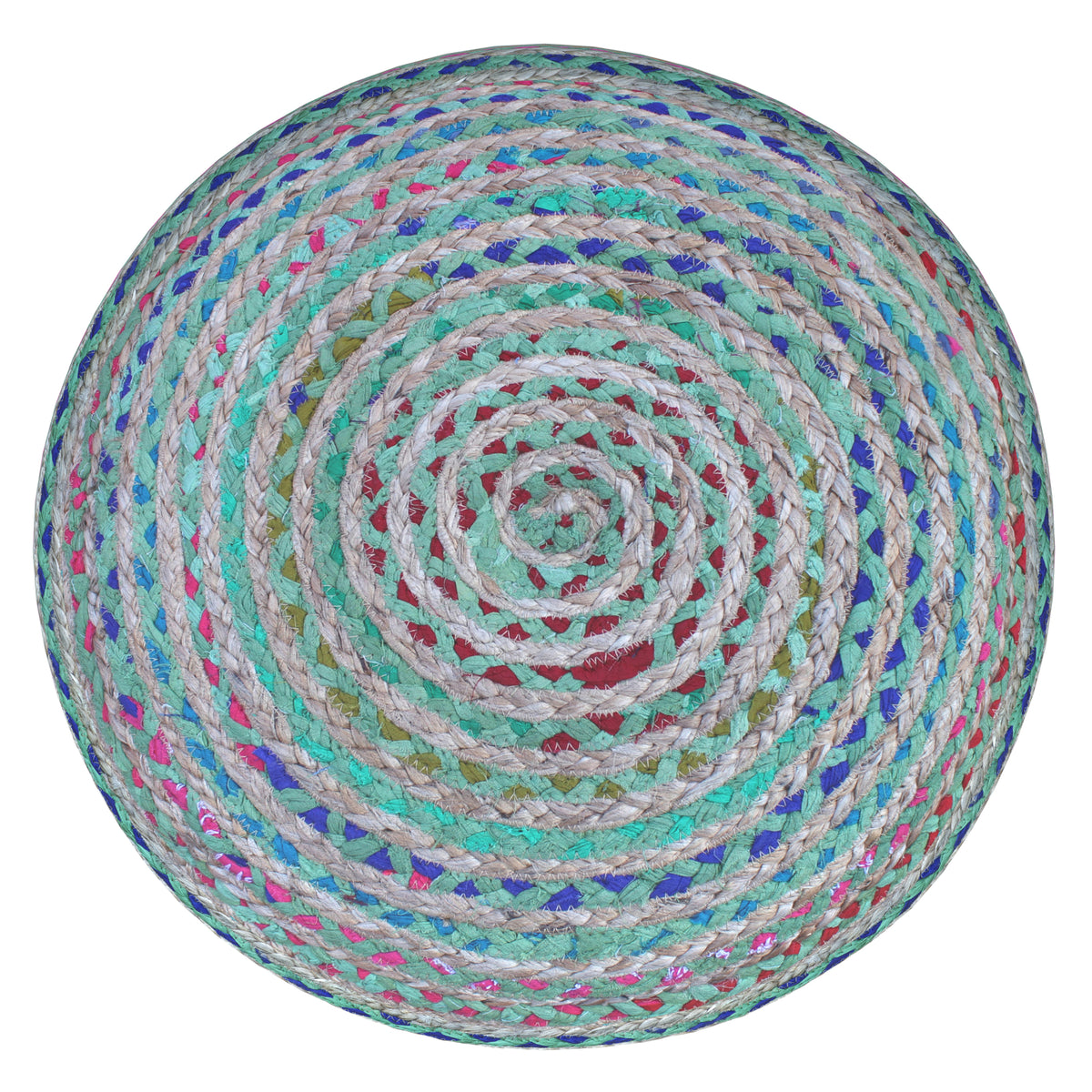 Margo 20 Inch Wide Round Pouf in Multi-Green Handwoven Jute and Cotton