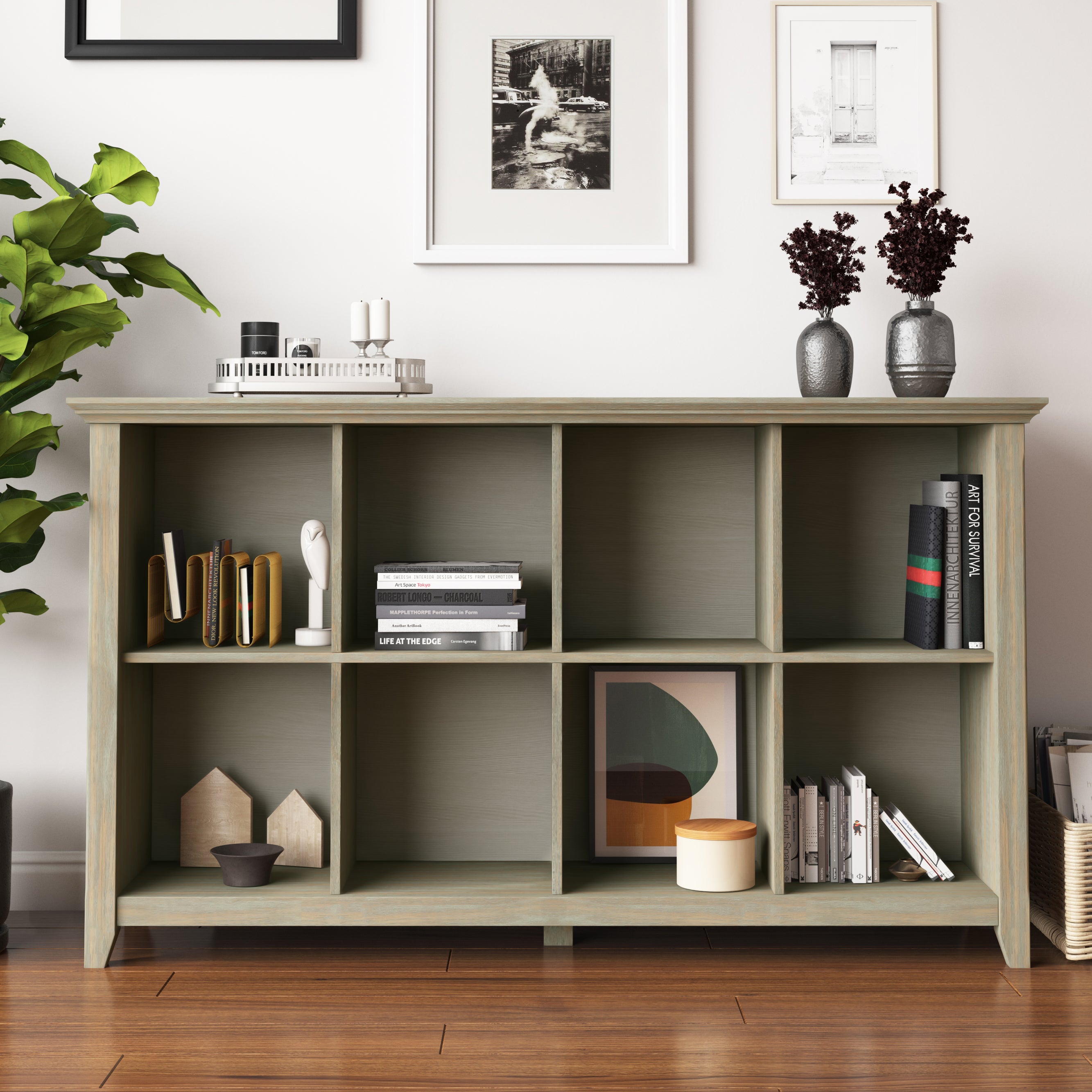 Acadian 57 Inch Wide Solid Wood 8 Cube Storage Sofa Table