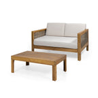 Outdoor Acacia Wood and Wicker Loveseat and Coffee Table Set with Cushions