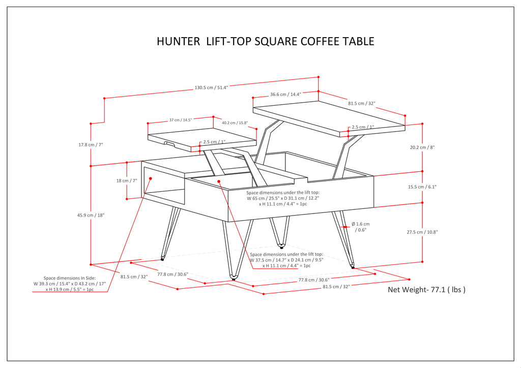 Hunter 32 Inch Wide Solid Mango Wood Lift Top Square Coffee Table