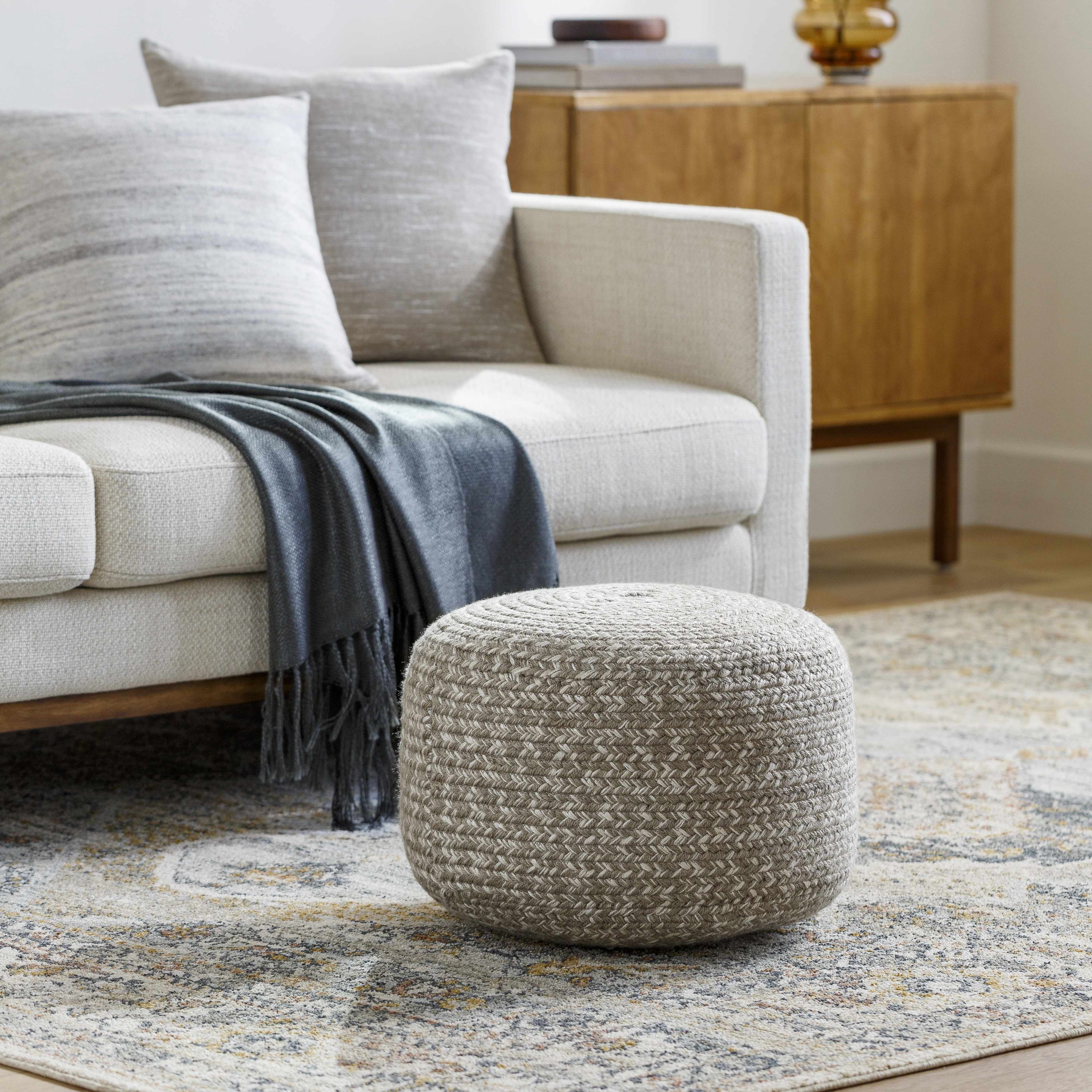 Tonanitla Natural Fiber Light Gray Knitted Outdoor Pouf