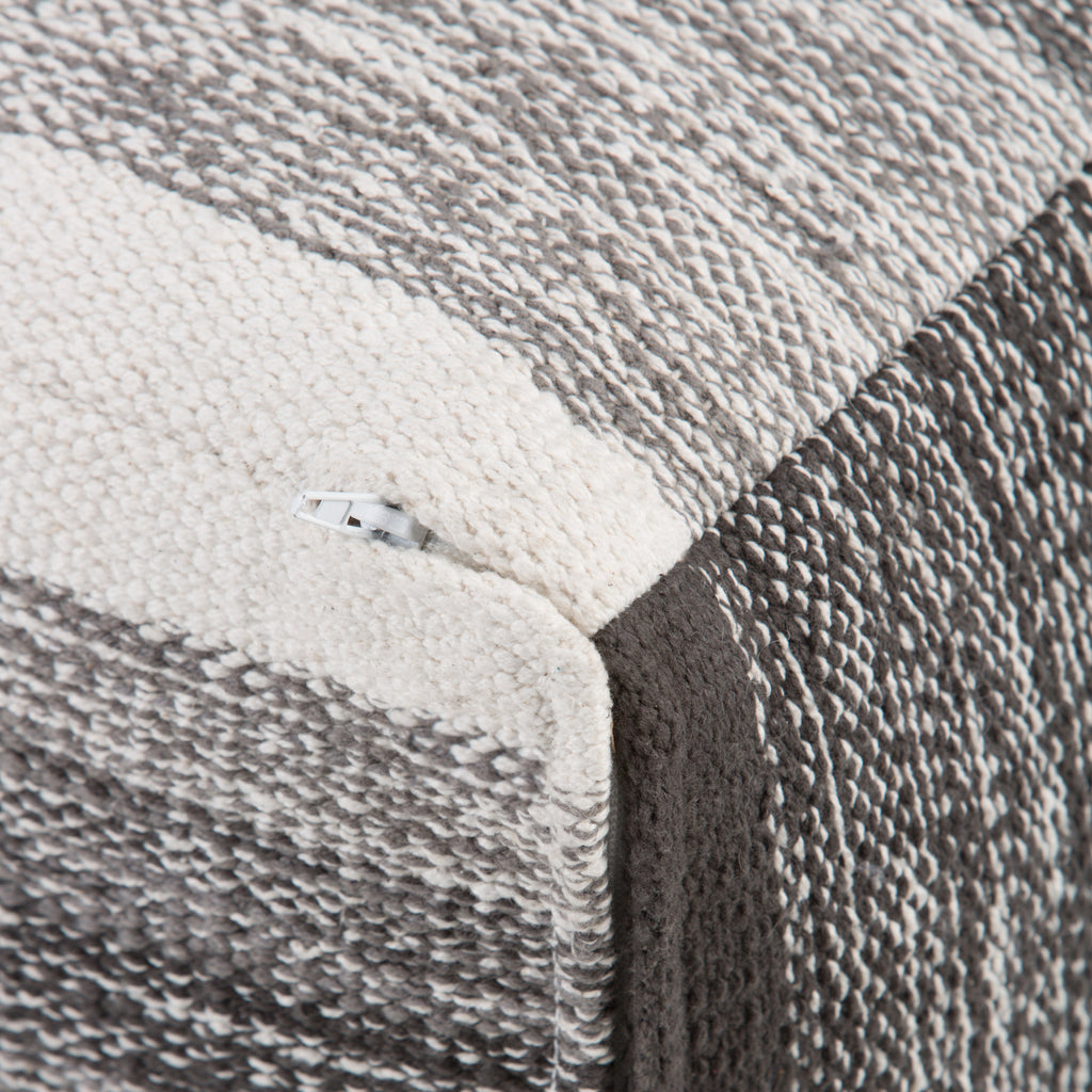 Naya 16 Inch Wide Cube Pouf in Black/Grey Handwoven Cotton