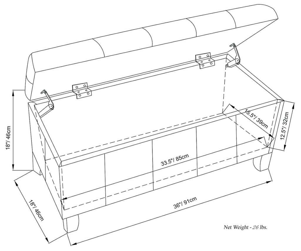 Dover 36 Inch Wide Storage Ottoman Bench in Tanners