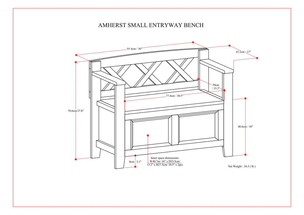 Amherst Solid Wood 36" Wide Transitional Entryway Storage Bench