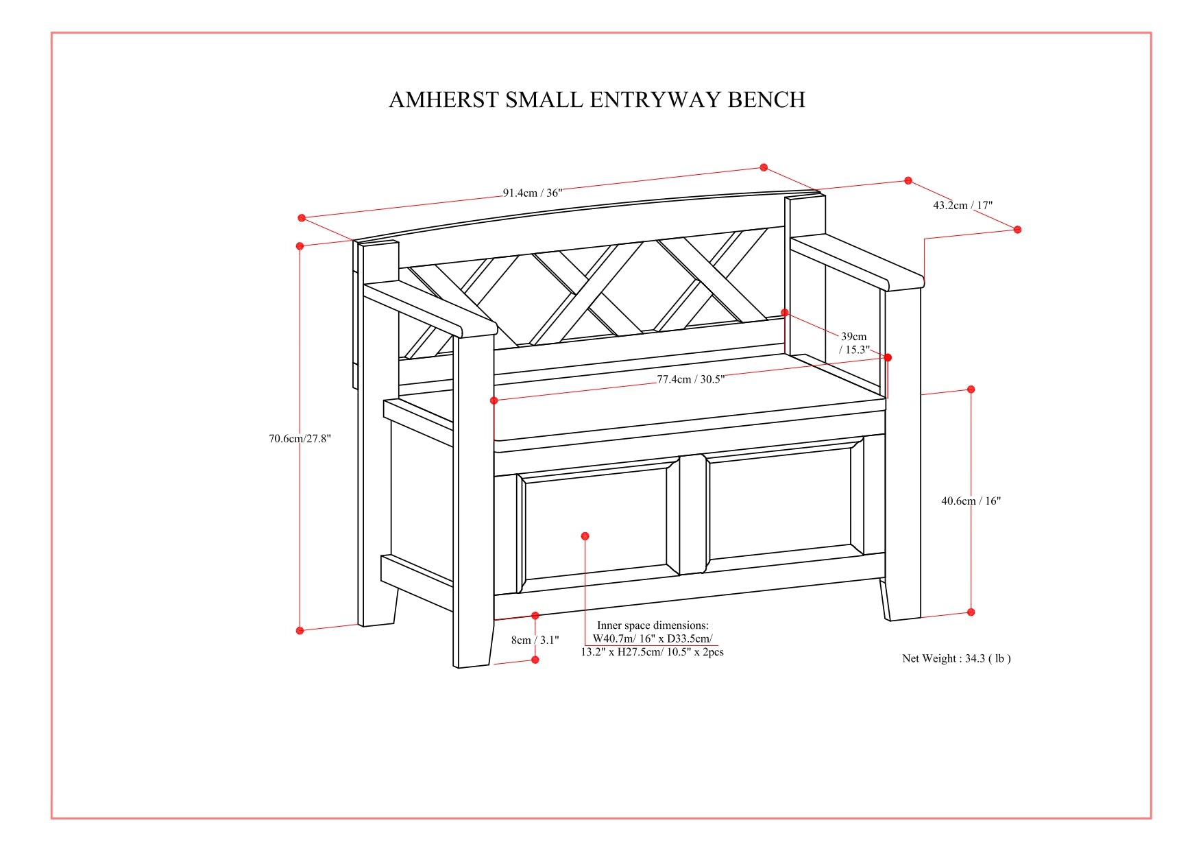 Amherst Solid Wood 36" Wide Transitional Entryway Storage Bench