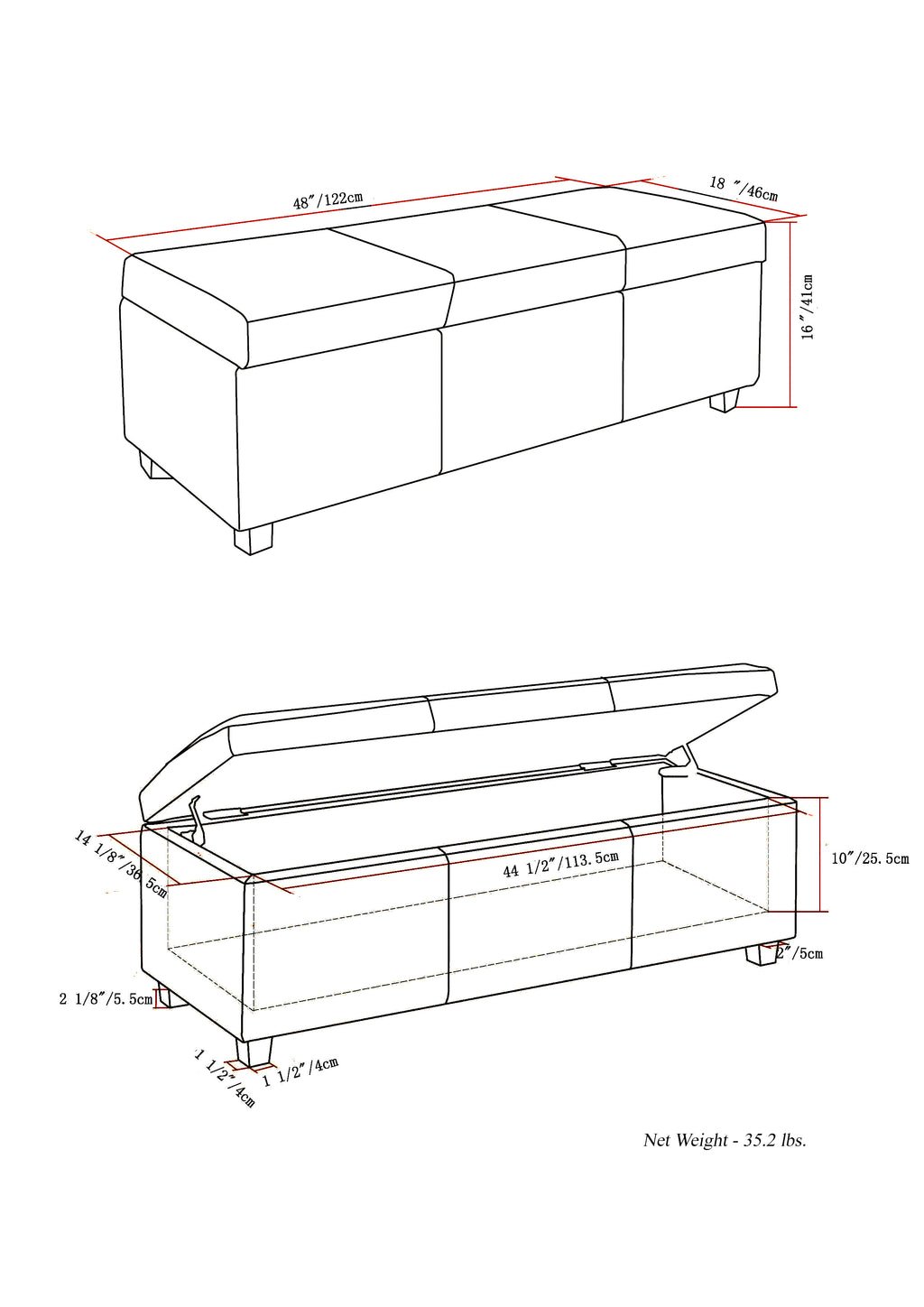 Avalon 48 Inch Wide Storage Ottoman Bench in Distressed