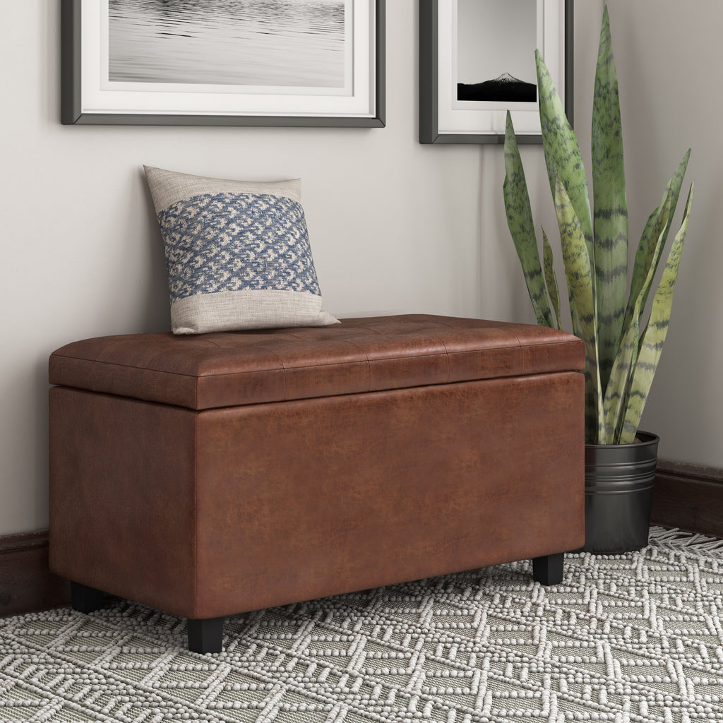 Cosmopolitan 34 Inch Wide Storage Ottoman in Distressed Saddle