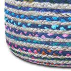 Margo 20 Inch Wide Round Pouf in Multi-Blue Handwoven Jute and Cotton