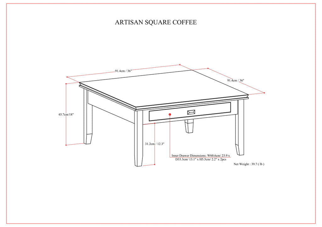 Artisan 36 Inch Wide Solid Wood Square Coffee Table in Russet