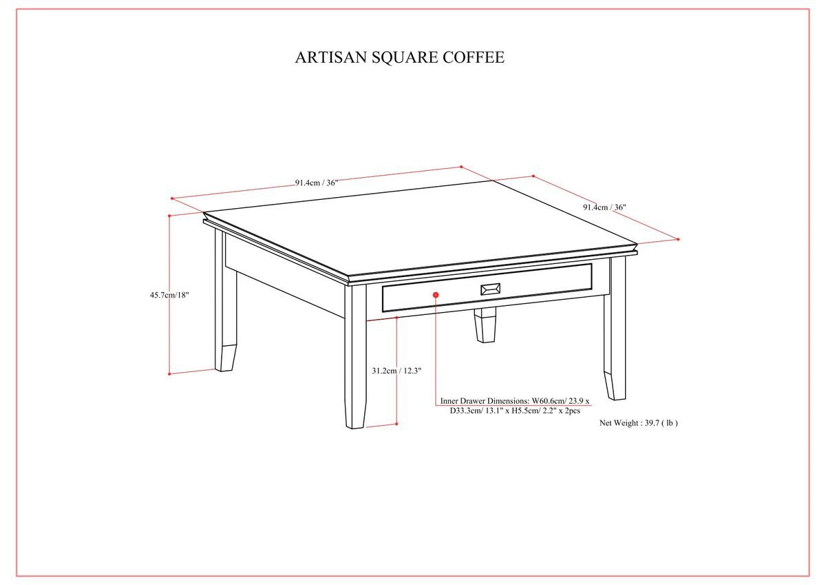Artisan 36 Inch Wide Solid Wood Square Coffee Table in Russet