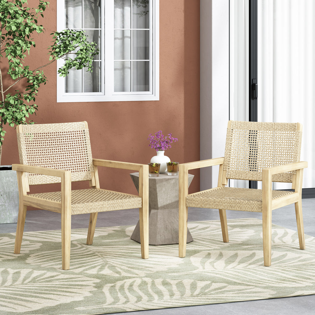 Outdoor Wicker and Acacia Wood Club Chairs, Set of 2