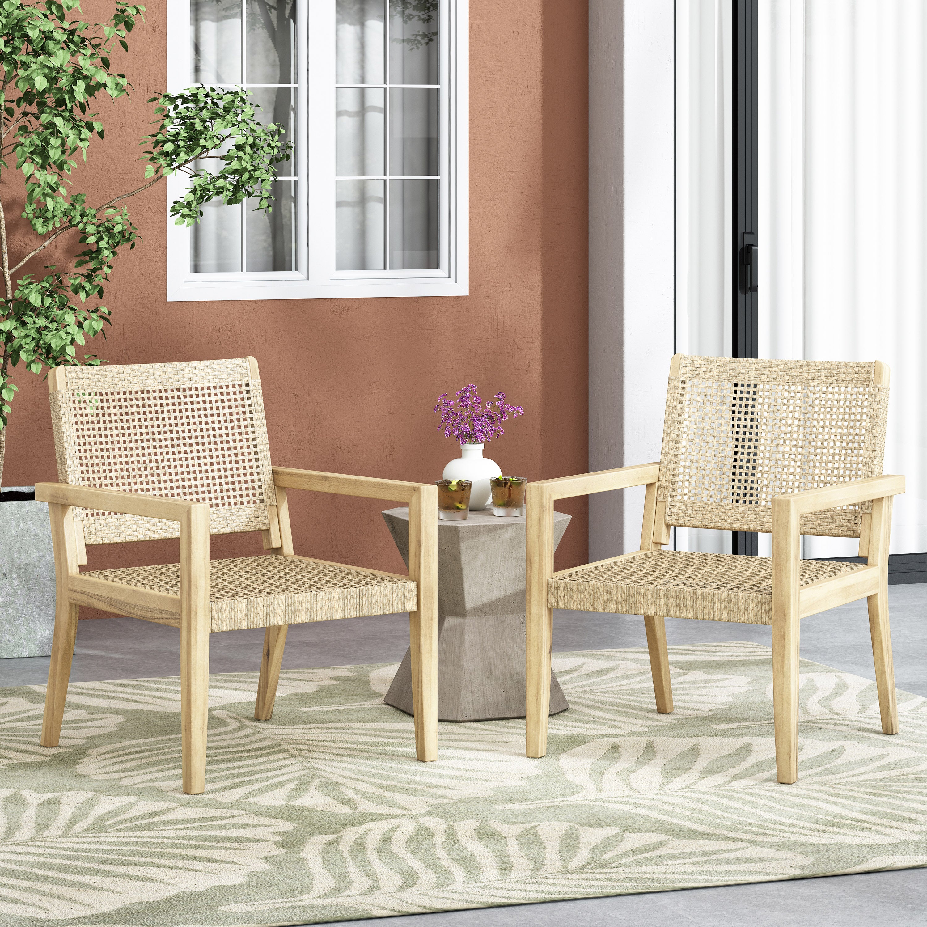 Outdoor Wicker and Acacia Wood Club Chairs, Set of 2