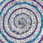 Margo 20 Inch Wide Round Pouf in Multi-Blue Handwoven Jute and Cotton