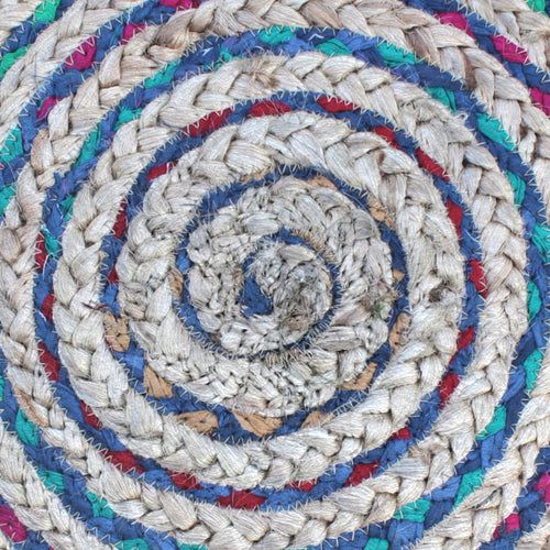 Margo 20 Inch Wide Round Pouf in Multi-Blue Handwoven Jute and Cotton