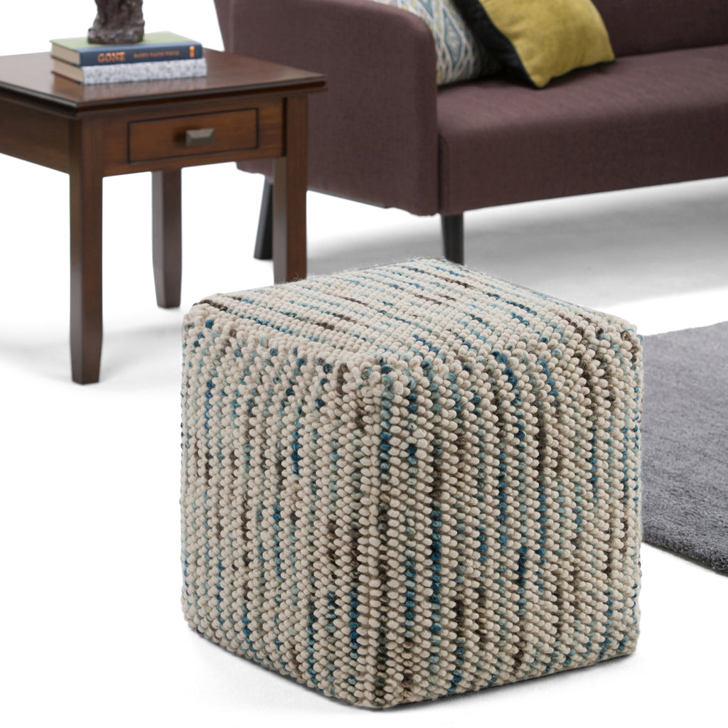 Zoey 18 Inch Wide Cube Pouf in Multi-Color Wool and Cotton