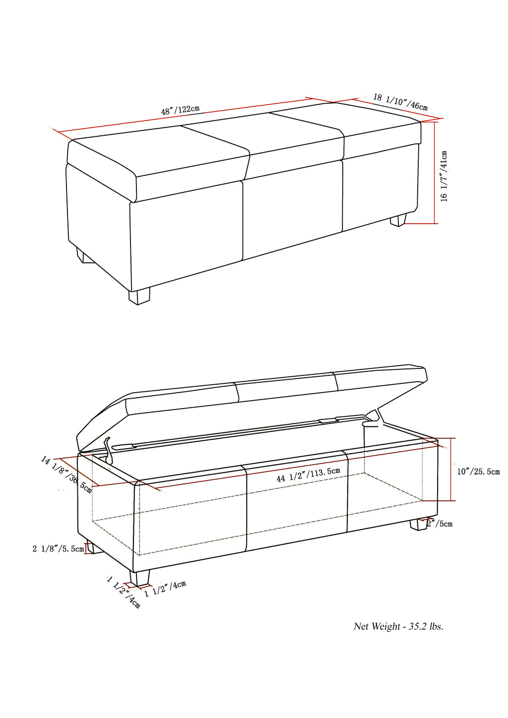Avalon 48 Inch Wide Storage Ottoman Bench in Cloud