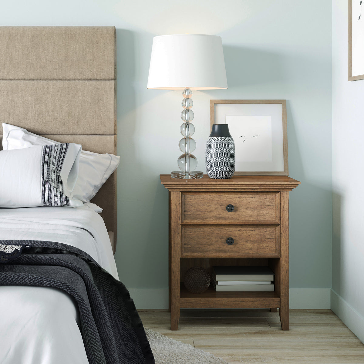 Amherst Bedside Table, Dark Brown Wood, Two-Drawer Nightstand