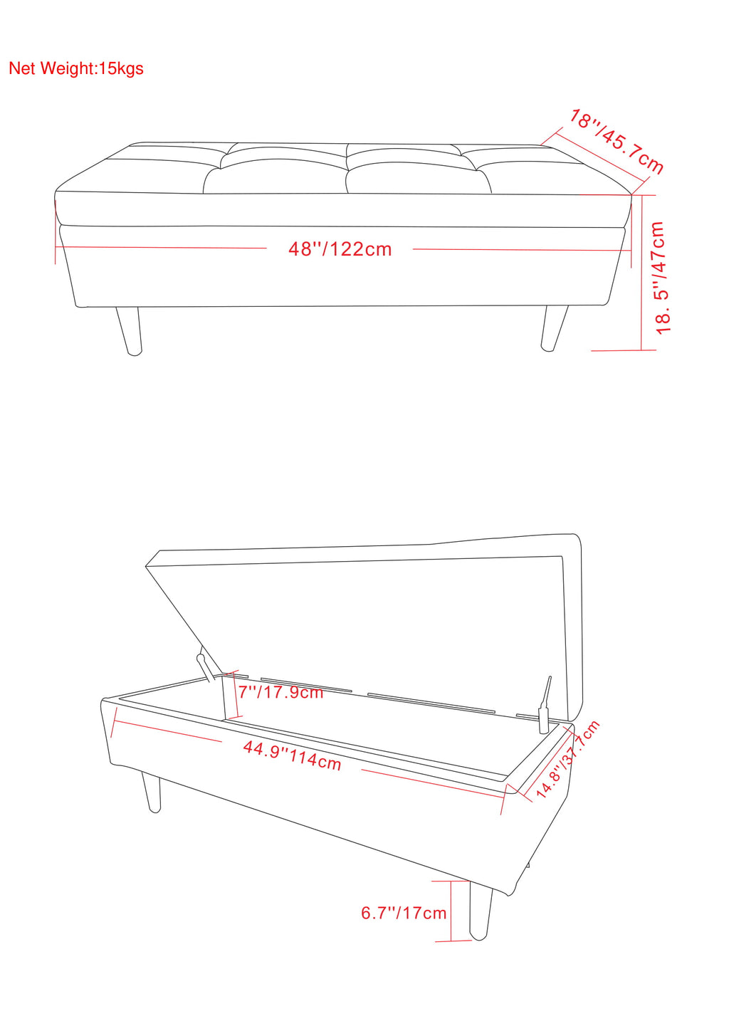 Shay 48 Inch Wide Mid-Century Rectangular Storage Ottoman