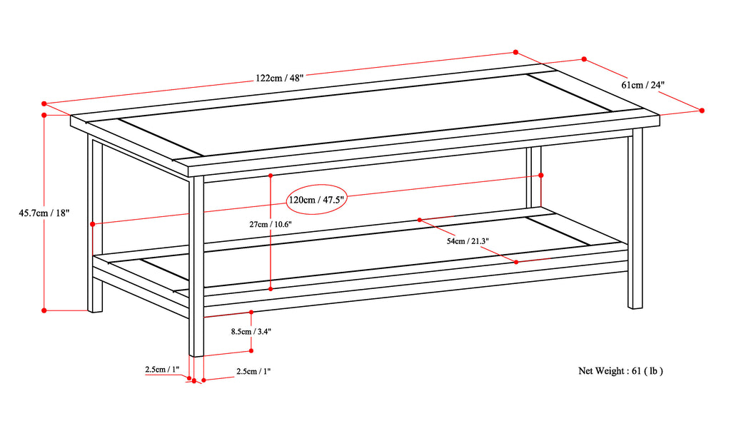 Skyler 48 Inch Wide Solid Mango Wood Coffee Table in Dark