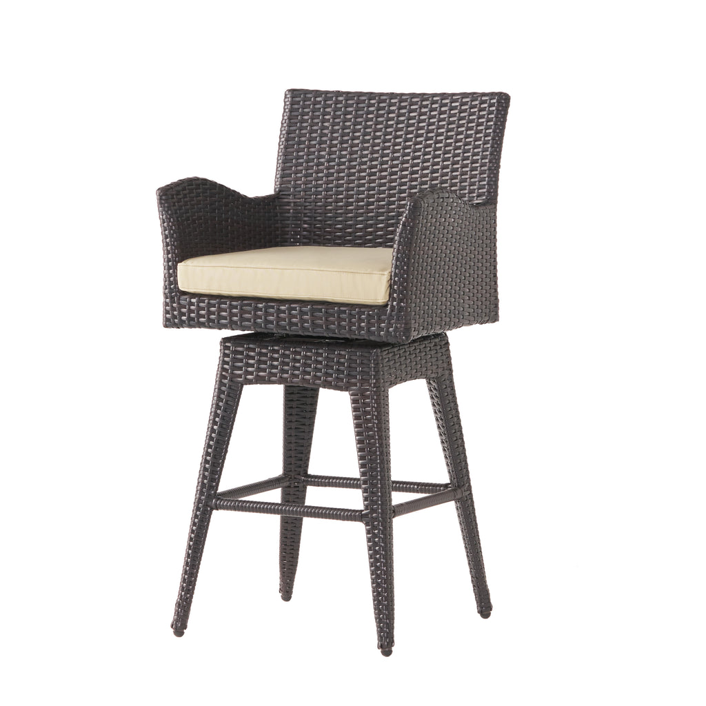 Modern Outdoor Multi-Brown Wicker Swivel Barstool with Tapered Legs