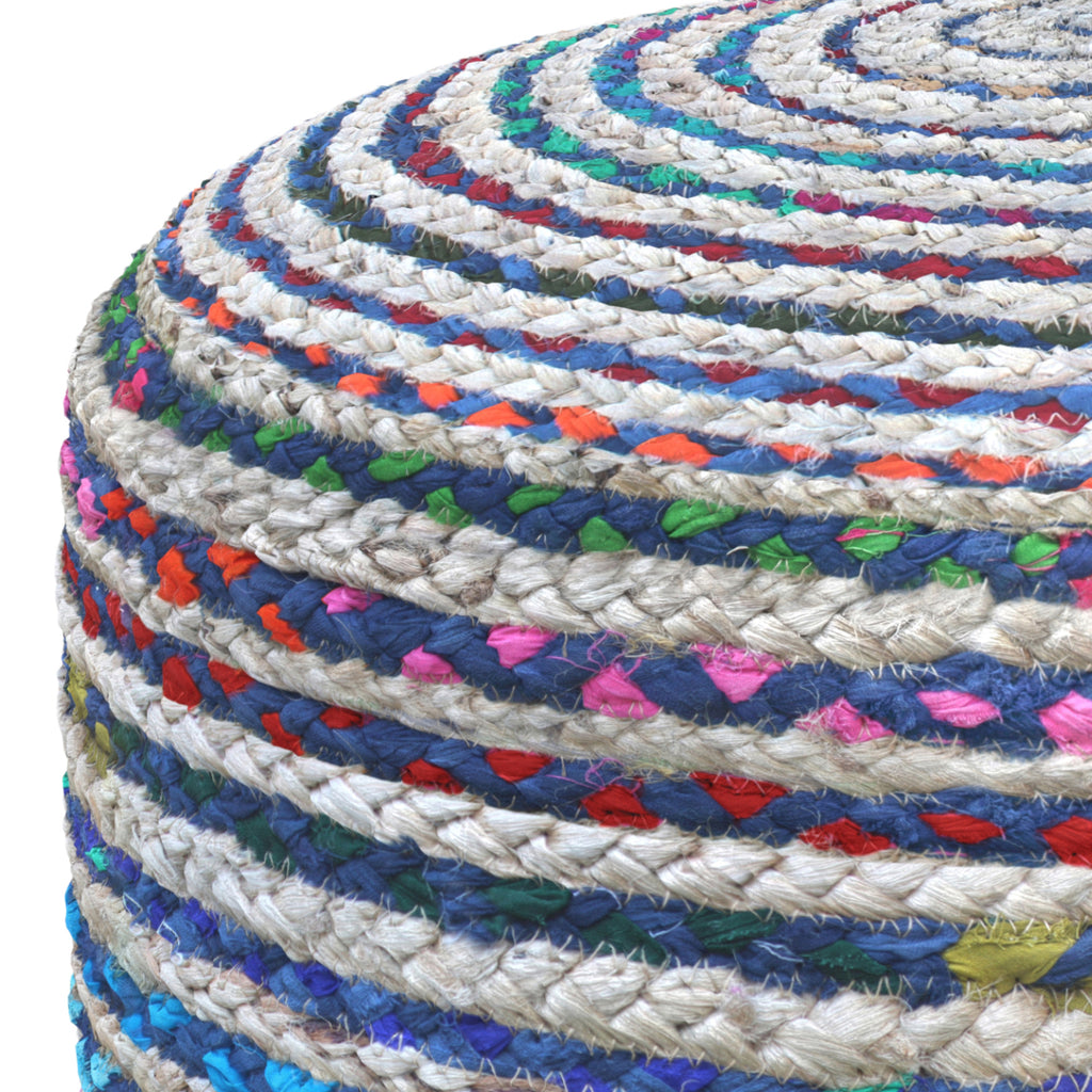 Margo 20 Inch Wide Round Pouf in Multi-Blue Handwoven Jute and Cotton