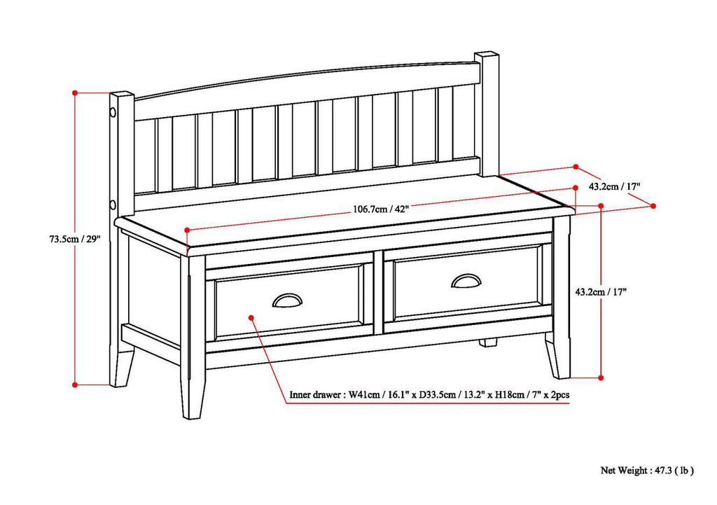 Burlington 42 Inch Wide Solid Wood Entryway Storage Bench with Drawers