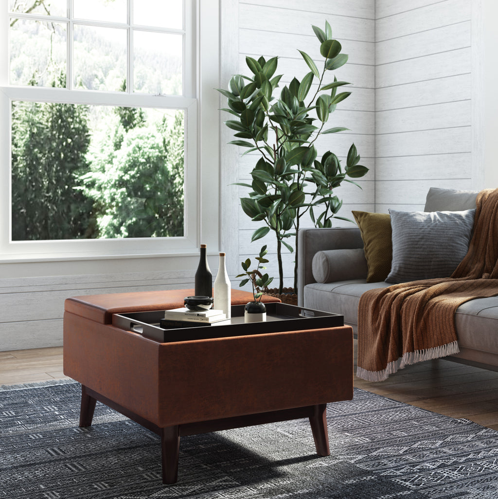 Owen 34 Inch Wide Tray Top Small Coffee Table Storage Ottoman