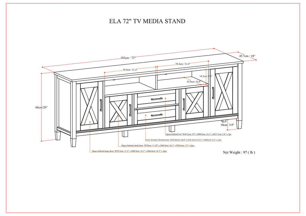 Ela 72 Inch Wide Solid Wood TV Stand in Smokey