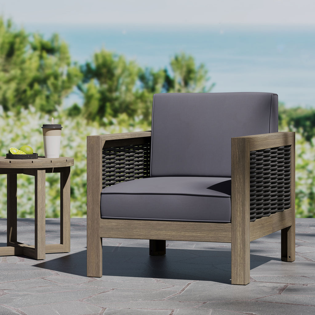 Outdoor Acacia Wood Club Chair with Wicker Accents