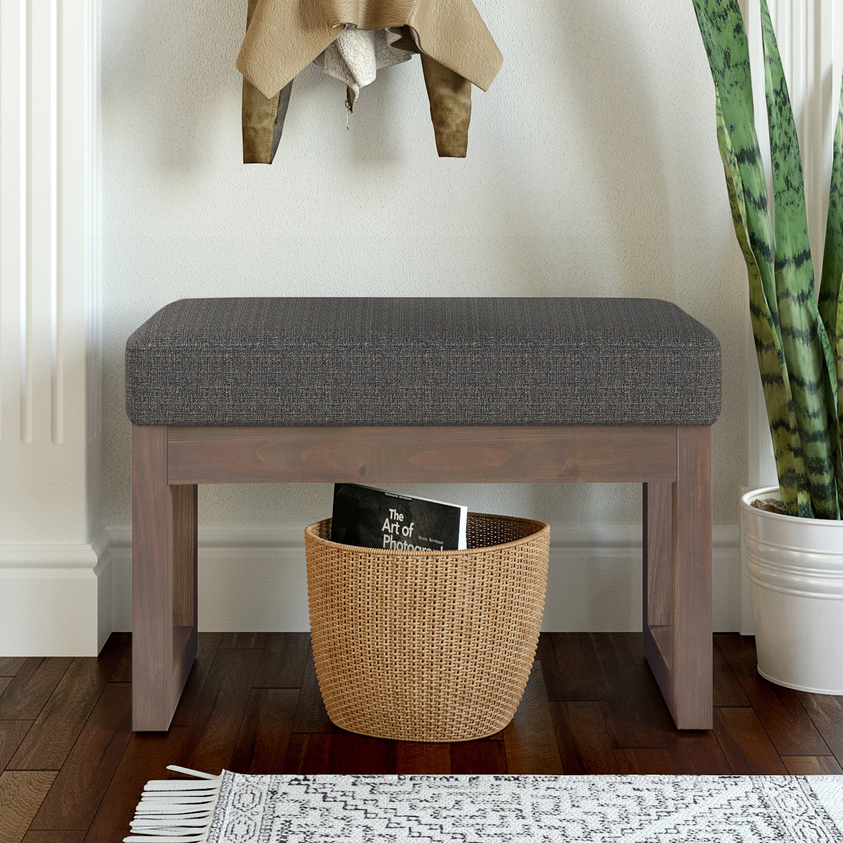 Milltown 27 Inch Wide Solid Wood Footstool Small Ottoman Bench in Ebony